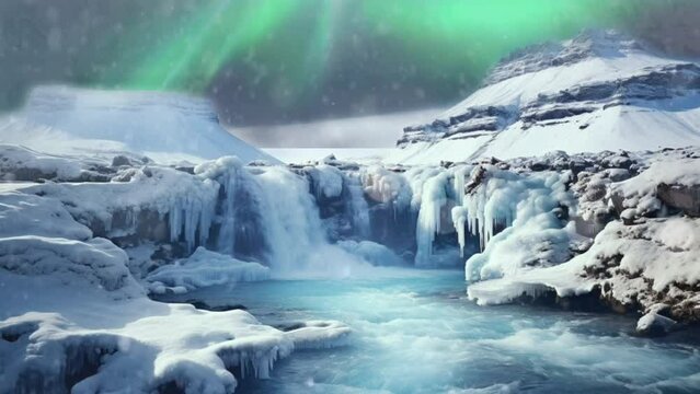 Winter nature scene at a waterfall with snowy mountains and aurora lights. seamless looping  time-lapse virtual video animation background. Generative AI
