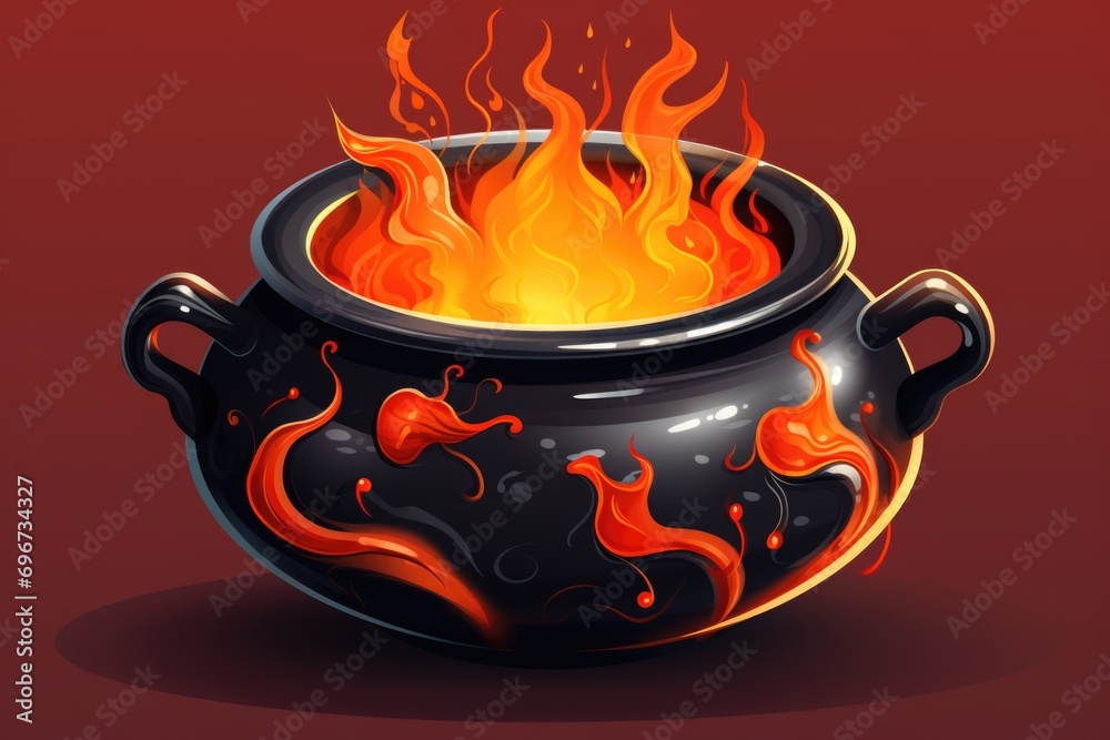 Poster A black pot with flames burning inside, set against a vibrant red background. Perfect for adding a touch of warmth and intensity to any project or design