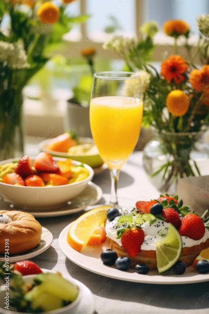 Poster a table topped with plates of food and a glass of orange juice. perfect for food-related designs and
