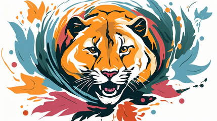Tiger minimalist illustration in floral style. Animal surrounded by vivid flowers on a white background.
