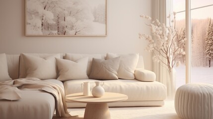 A simple and elegant living room featuring a white couch and a coffee table. Perfect for home decor and interior design projects