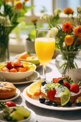 A table topped with plates of food and a glass of orange juice. Perfect for food-related designs and concepts