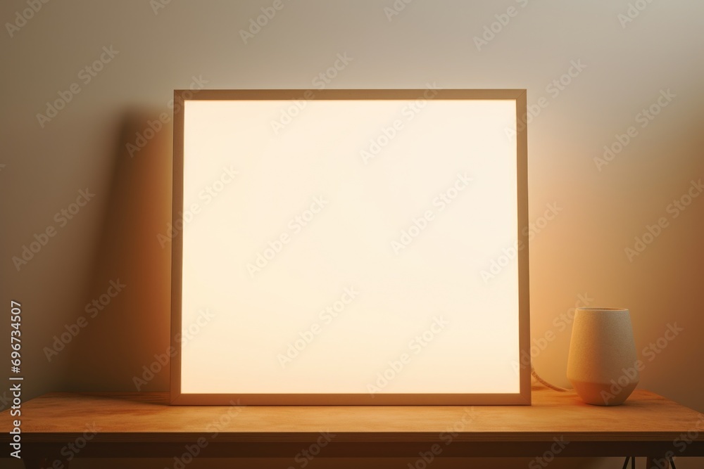Poster A picture frame placed on a wooden table. Perfect for displaying memories and adding a personal touch to any space