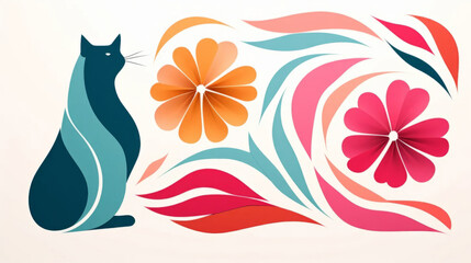 Cat minimalist illustration in floral style. Animal surrounded by vivid flowers on a white background.