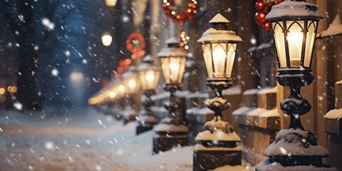 A row of street lamps covered in snow. Can be used to depict winter scenery or a snowy cityscape