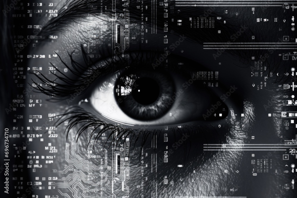 Poster A close up view of a person's eye with a circuit in the background. Suitable for technology-related projects
