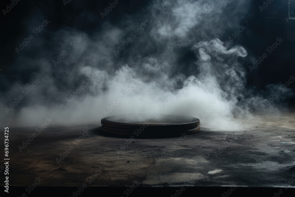 Poster a room filled with smoke and a circular object on the floor. suitable for mystery or crime-related t