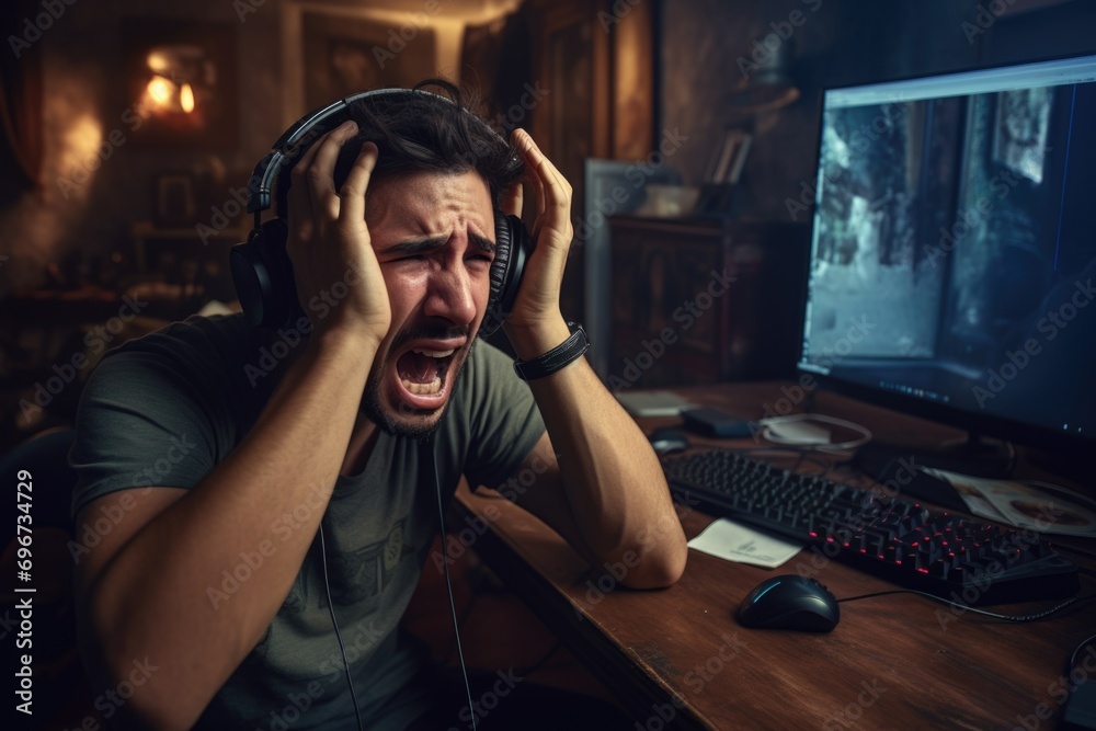 Poster a man wearing headphones is captured in the midst of a passionate scream while sitting in front of a