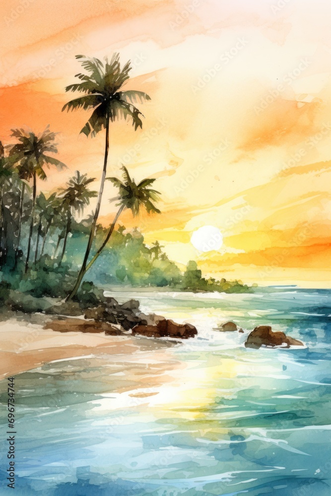 Poster A beautiful watercolor painting of a serene beach with palm trees. Perfect for adding a tropical touch to any space