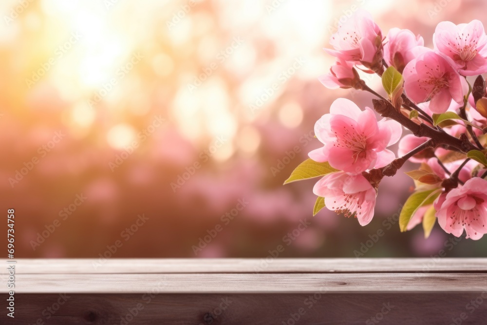 Aufkleber a wooden table with a vase filled with pink flowers. perfect for adding a touch of nature and color 