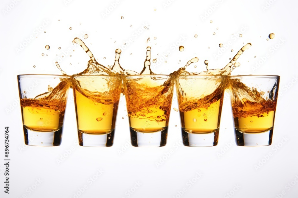 Poster four shot glasses filled with liquid and a splash of water. versatile image suitable for various the