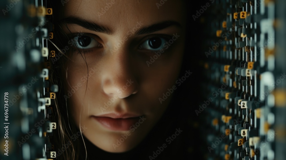 Poster A close-up view of a woman's face seen through a chain link fence. This image can be used to depict feelings of confinement, restriction, or longing