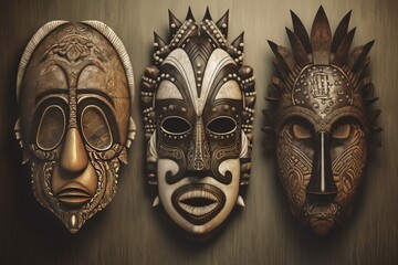 Tribal mystic African masks. Ceremonial antique cultic curved voodoo masks. Generate ai