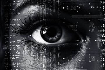 A close up view of a person's eye with a circuit in the background. Suitable for technology-related projects