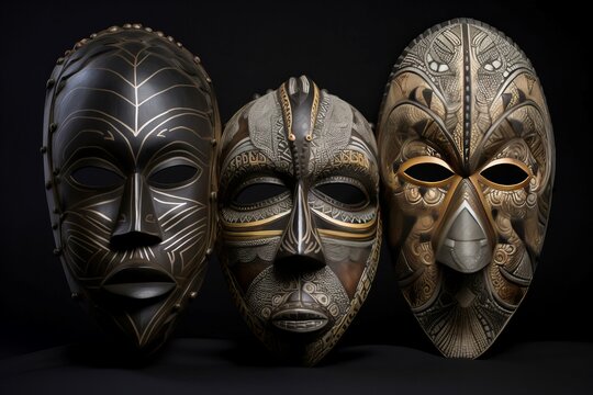Tribal aboriginal African masks. Primitive traditional cultic practice spiritual wooden masks. Generate ai