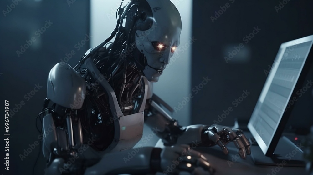 Poster a robot humanoid android cyborg with artificial intelligence working at the computer.