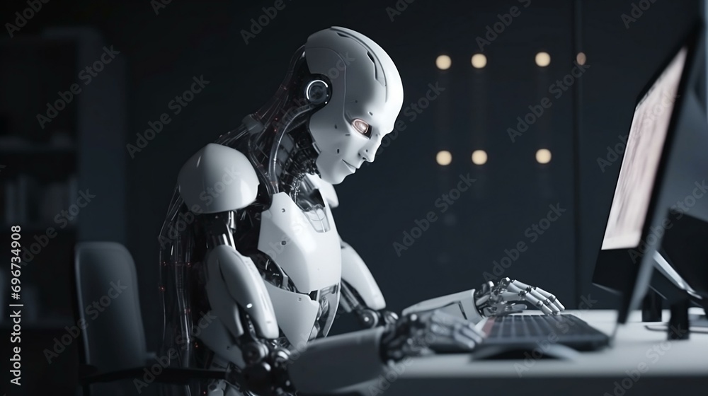 Poster a robot humanoid android cyborg with artificial intelligence working at the computer.