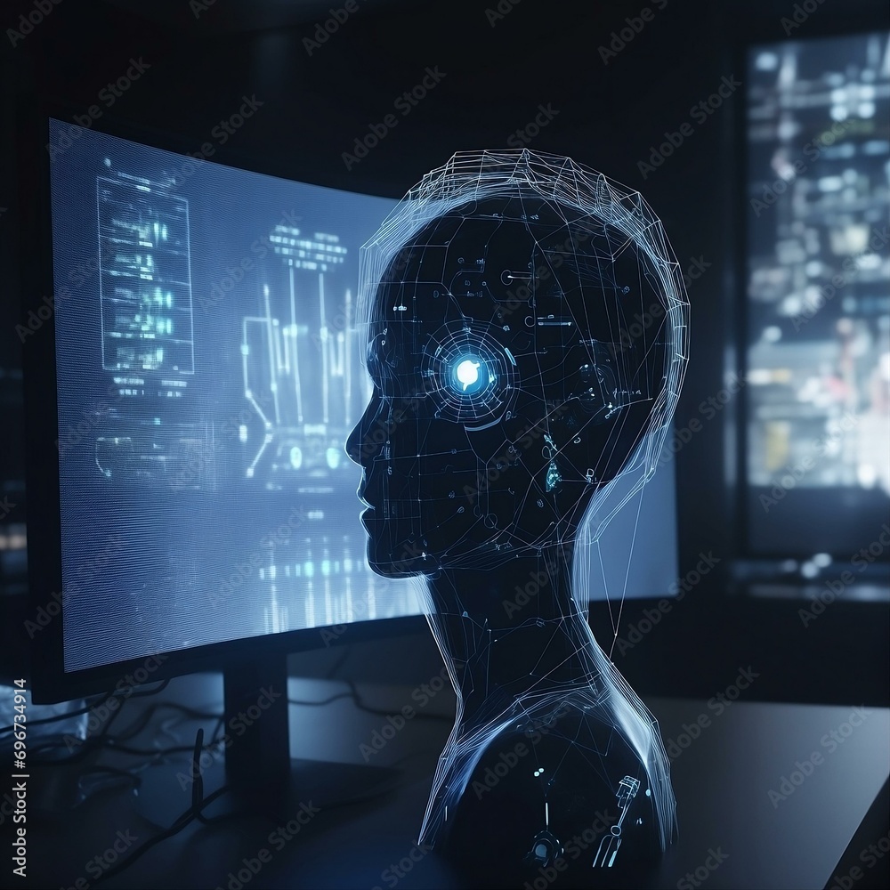 Poster closeup on head of a robot humanoid android cyborg with artificial intelligence working at the compu