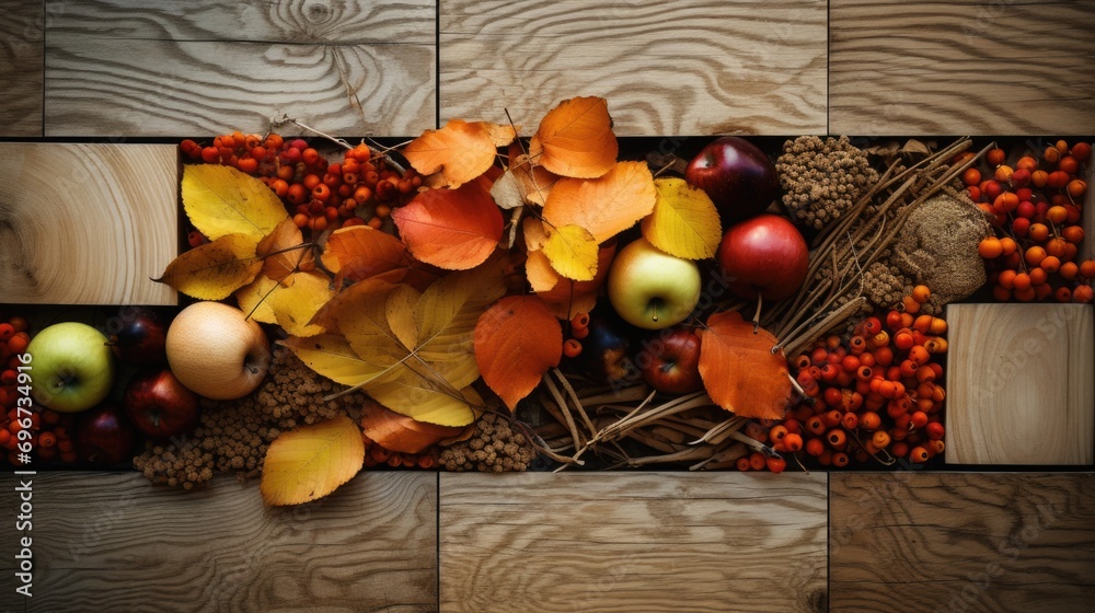 Poster a variety of different types of fruit arranged on a wooden table. perfect for food-related projects 