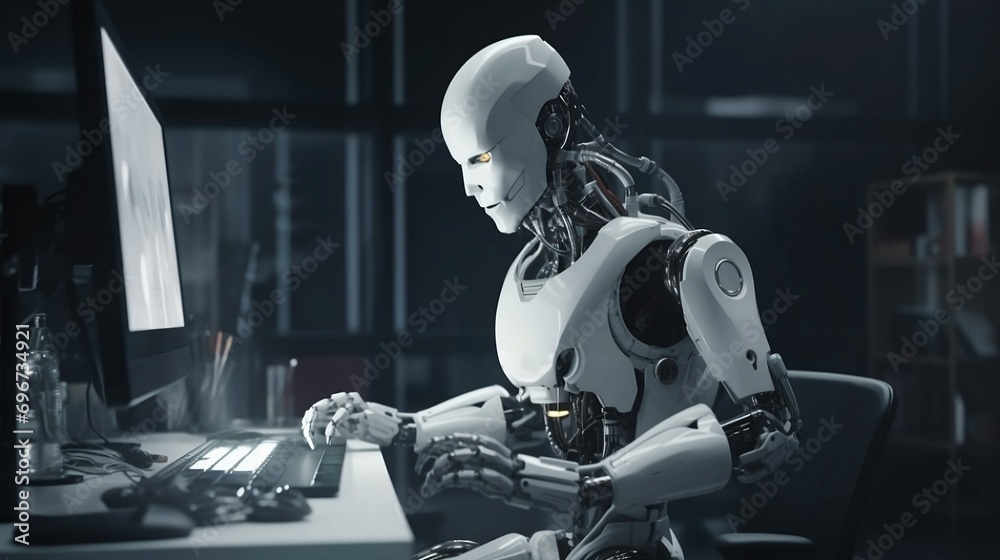 Poster a robot humanoid android cyborg with artificial intelligence working at the computer.