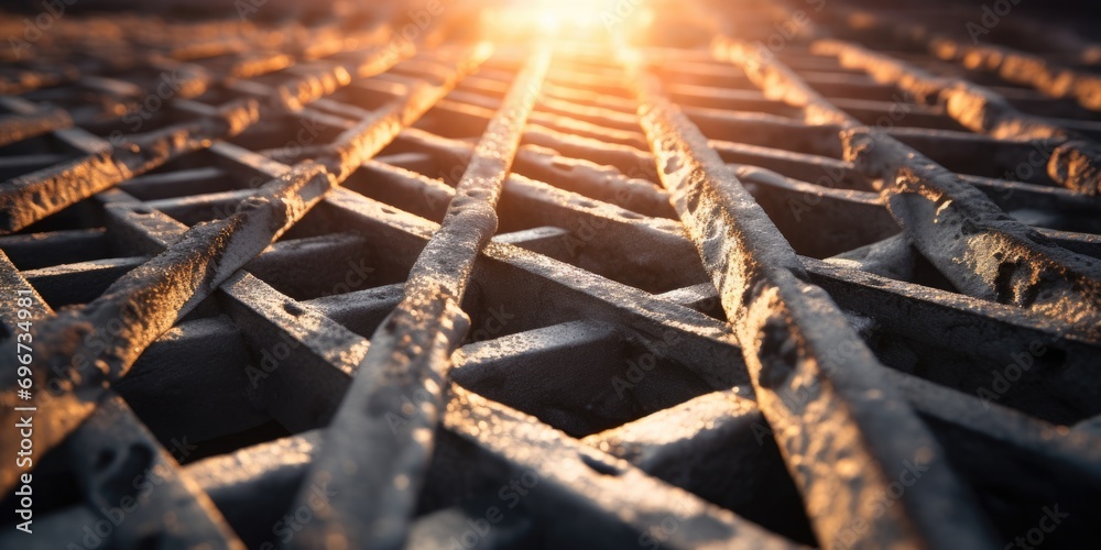 Poster a close-up view of a metal grate with the sun shining in the background. this image can be used to d