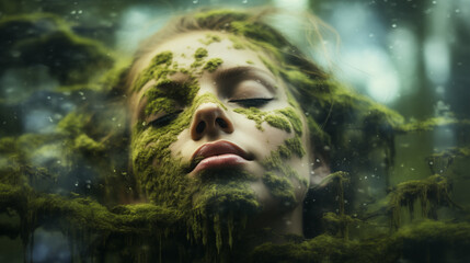 Woman lies on moss in the forest and merges with the ground and moss, ai generative