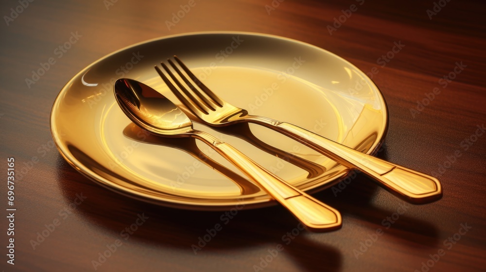 Poster A simple image of a plate with a fork and a spoon placed on it. This versatile image can be used in various food-related designs and concepts