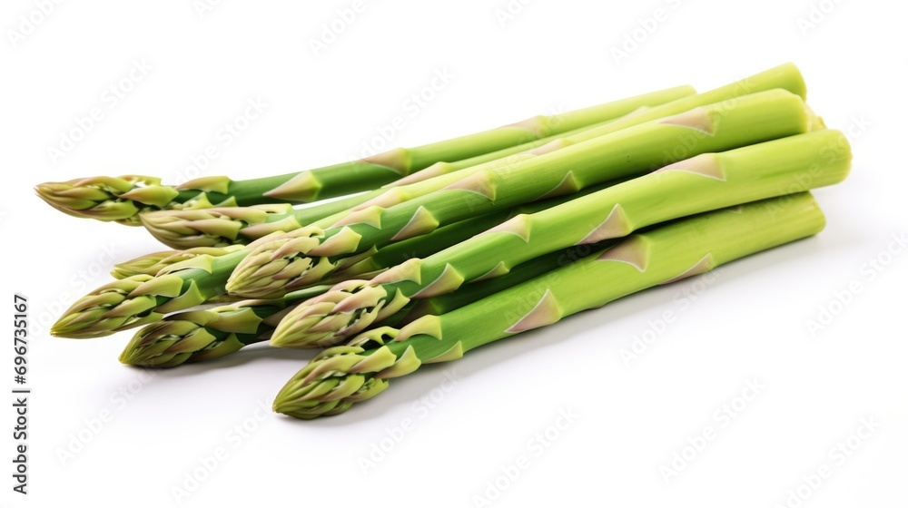 Poster fresh green asparagus arranged in a bunch on a clean white surface. ideal for food and cooking conce