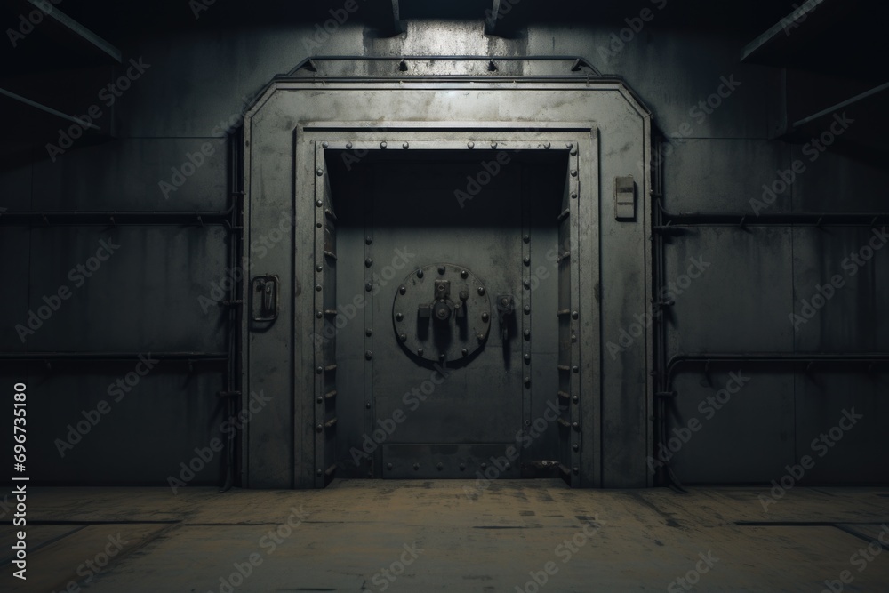 Poster a metal door in a dimly lit room, with a single light source. suitable for concepts of mystery, secu