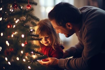 A man and a little girl are seen decorating a Christmas tree. This image can be used to depict the joy and excitement of the holiday season