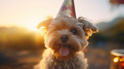 A fun-loving dog wearing a party hat and sticking out its tongue. Perfect for celebrating special occasions.