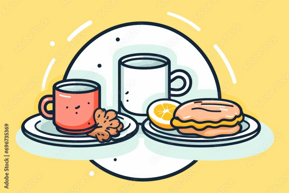 Poster a simple yet satisfying meal with a plate of food and a cup of coffee. perfect for food and beverage