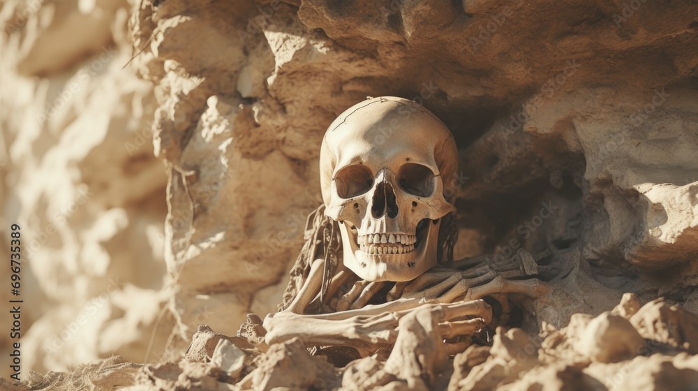 Aufkleber A skeleton is depicted sitting in a pile of rocks. This image can be used to create a spooky or eerie atmosphere in various projects