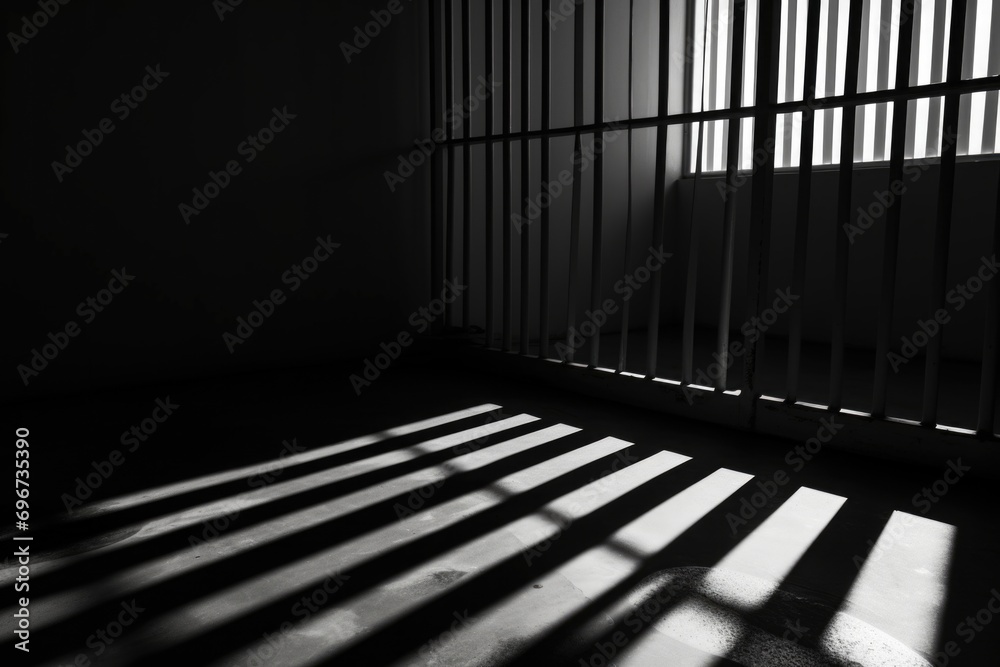 Poster a black and white photo of a jail cell. suitable for crime-related projects or any concept requiring