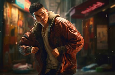 Asian man fighting outdoor. Street brawler guy in fight position. Generate ai