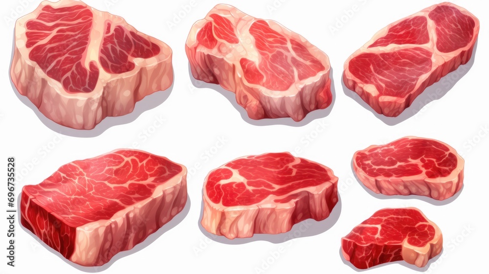 Poster A collection of various cuts of meat arranged on a clean white surface. This versatile image can be used to showcase different types of meat, cooking recipes, food preparation, or butcher concepts