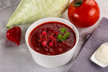 Borsch soup with cabbage and beetroot
