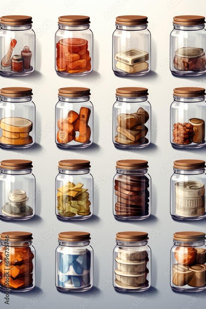 Poster a collection of glass jars filled with different types of food. perfect for food and beverage concep