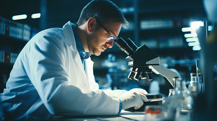 a man researcher in a medical laboratory, working with a microscope - obrazy, fototapety, plakaty