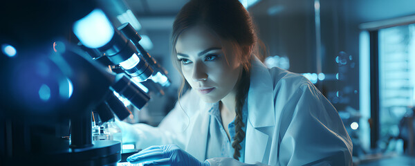 a woman researcher in a medical laboratory, working with a microscope