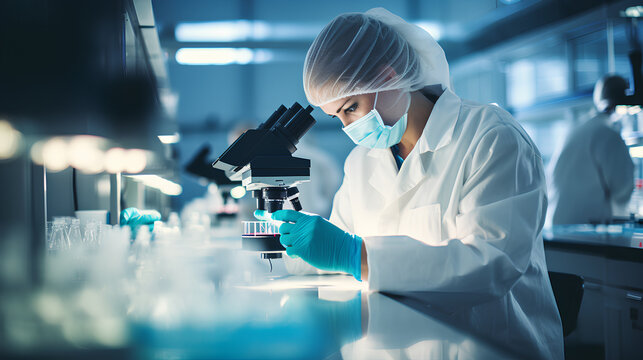 a woman researcher in a medical laboratory, working with a microscope