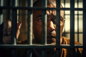 A man in a jail cell looking directly at the camera. This image can be used to depict imprisonment, criminal justice, or the concept of confinement