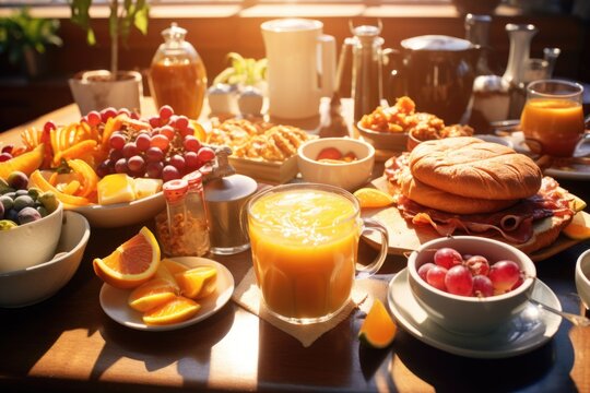A table filled with a wide assortment of breakfast foods and drinks. Perfect for showcasing a delicious morning meal. Use this image to enhance your food-related content