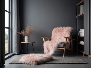 Grey lounge chair with pink fur blanket - obrazy, fototapety, plakaty
