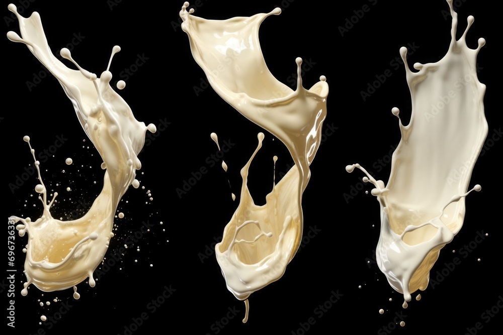 Poster A captivating image capturing a group of milk splashes suspended in mid-air. Perfect for adding a dynamic touch to food and beverage presentations