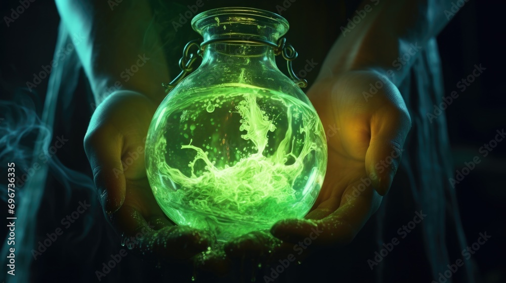 Poster a person holding a glowing glass jar in their hands. perfect for capturing the beauty of a light sou