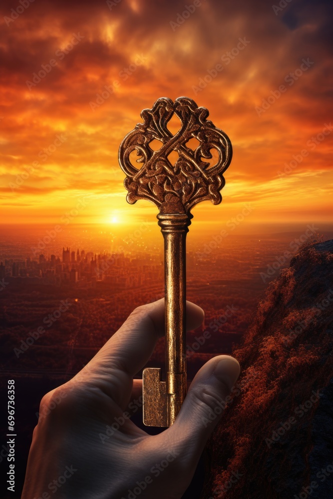 Aufkleber hand holding a golden key in front of a beautiful sunset. perfect for concepts related to unlocking 