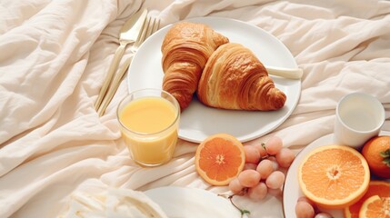 A delicious assortment of fresh fruit and warm croissants arranged on a plate, placed on a bed. Perfect for breakfast in bed or a hotel room service concept - obrazy, fototapety, plakaty
