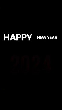 3d render of a happy new year 2024 text and colorful confetti on black background. Vertical video
