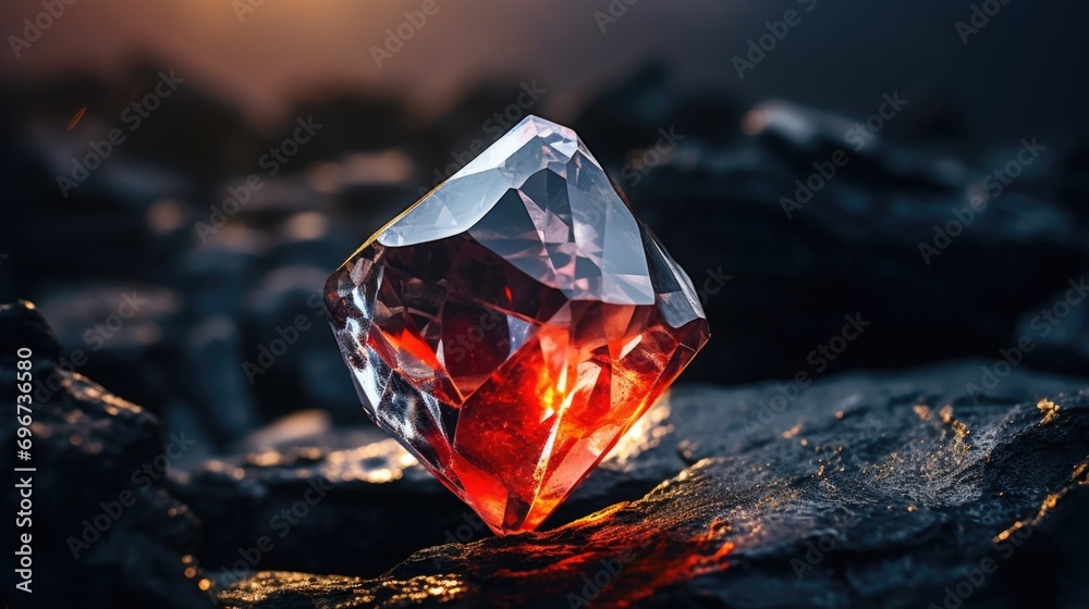 Poster a red diamond resting on a stack of rocks. ideal for jewelry or gemstone-related projects